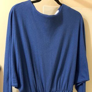 Vintage 1980s Sacha Khan Dress with Ruched Peplum & Dolman Sleeves, Royal Blue